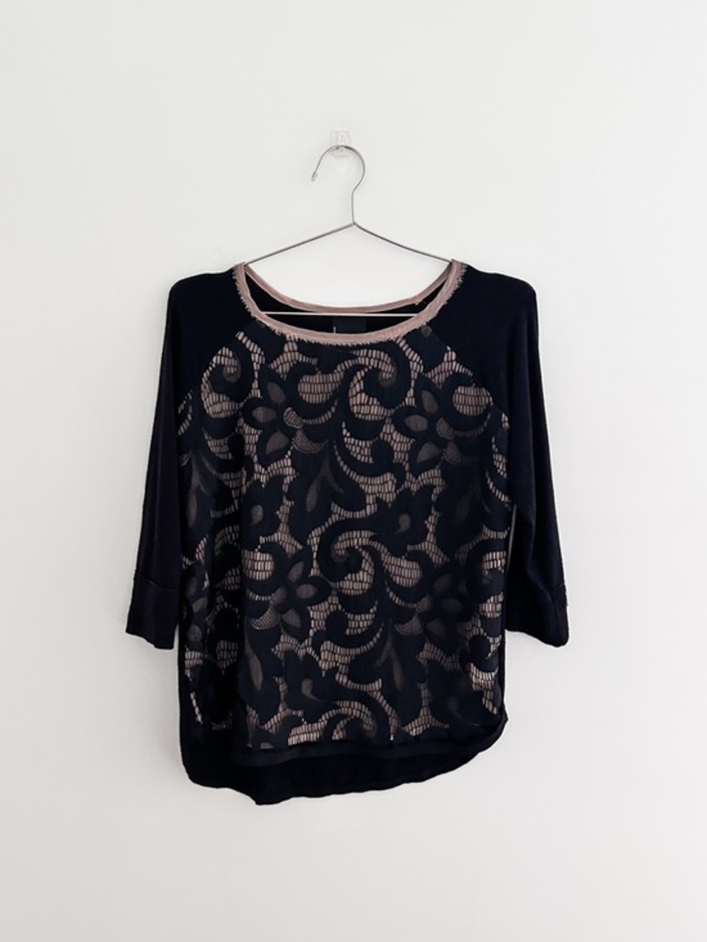 Dolan for Anthropologie Lace Front Top Black & Blush Lace 3/4 Sleeve Boho Fit XS
